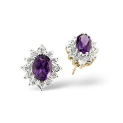 Amethyst 6 X 4mm And Diamond Cluster 9K Yellow Gold Earrings