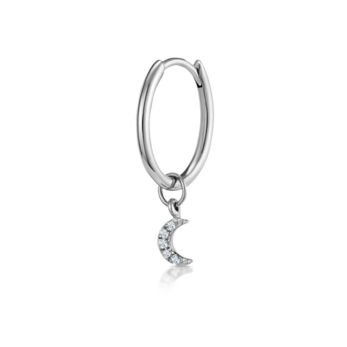 SINGLE Stellato Diamond Moon Charm Huggie Earring In 9K White Gold 1 SINGLE Stellato Diamond Moon Charm Huggie Earring In 9K White Gold