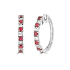 Ruby And Lab Diamond Hoop Earrings Stellato Collection In 925 Silver