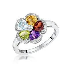 Multi Gem Flower Design Stellato Collection Ring In 9K White Gold