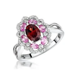 Garnet Pink Sapphire And Diamond Stellato Ring 0.14ct In 9K White Gold