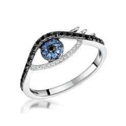 Black Diamond Sapphire Evil Eye Hamsa Stellato Ring In 9K White Gold