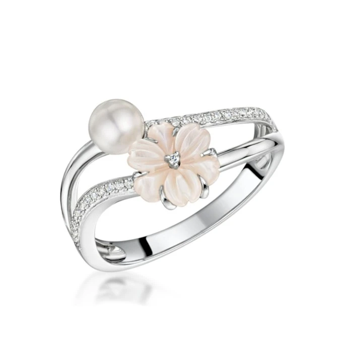 4.5mm Pearl With Shell And Diamond Stellato Ring In 9K White Gold 1 4.5mm Pearl With Shell And Diamond Stellato Ring In 9K White Gold