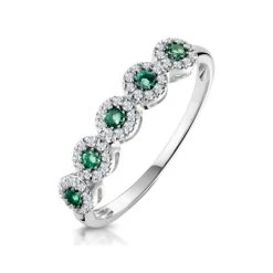 Emerald And Halo Diamond Stellato Eternity Ring In 9K White Gold