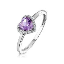 Halo Amethyst And Diamond Stellato Heart Ring In 9K White Gold