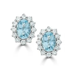 Aquamarine And Lab Diamond Cluster Earrings 7 X 5mm In 18K White Gold