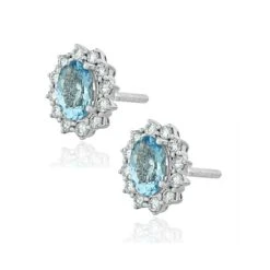 Aquamarine And Diamond Cluster Earrings 7 X 5mm In 18K White Gold -The Diamond Store DCE08 AQWs