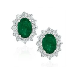 Emerald And Lab Diamond Cluster Earrings 7 X 5mm In 18K White Gold