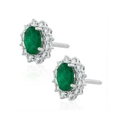 Emerald And Lab Diamond Cluster Earrings 7 X 5mm In 18K White Gold -The Diamond Store DCE08 EWs