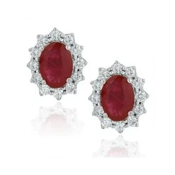 Ruby And Diamond Cluster Earrings 7 X 5mm In 18K White Gold