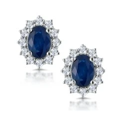 Sapphire And Diamond Cluster Earrings 7 X 5mm In 18K White Gold