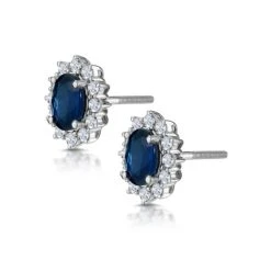 Sapphire And Diamond Cluster Earrings 7 X 5mm In 18K White Gold -The Diamond Store DCE08 S 02w