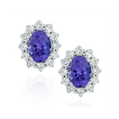 Tanzanite And Lab Diamond Cluster Earrings 7 X 5mm In 18K White Gold