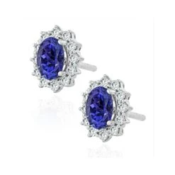 Tanzanite And Lab Diamond Cluster Earrings 7 X 5mm In 18K White Gold -The Diamond Store DCE08 TZWs