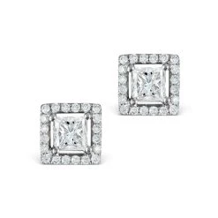 Halo Diamond Earrings - Ella Princess Cut 18K White Gold 1.40ct H/Si
