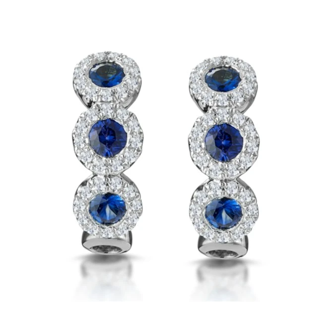 Sapphire And Lab Diamond Trilogy Earrings In 9K White Gold - Asteria 1 Sapphire And Lab Diamond Trilogy Earrings In 9K White Gold - Asteria