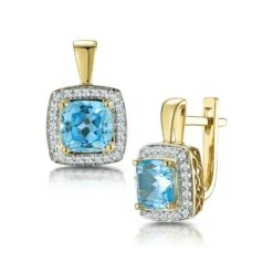 3ct Blue Topaz And Diamond Halo Earrings 18K Gold - Asteria Collection