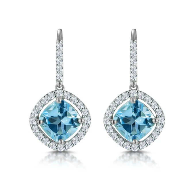 2.5ct Blue Topaz And Diamond Halo Asteria Earrings 18K White Gold 1 2.5ct Blue Topaz And Diamond Halo Asteria Earrings 18K White Gold