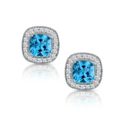 3ct Blue Topaz Asteria Diamond Halo Earrings In 18K White Gold