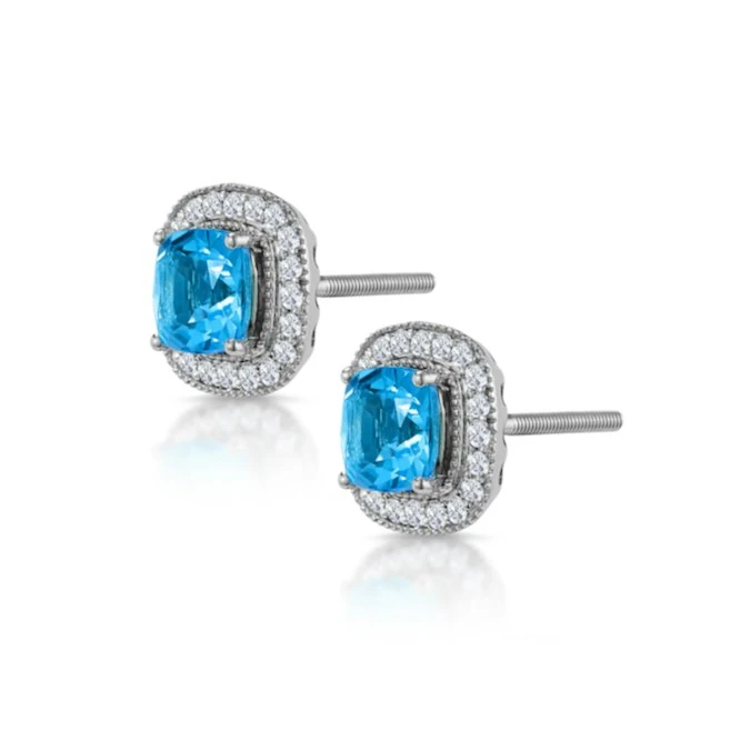 3ct Blue Topaz Asteria Diamond Halo Earrings In 18K White Gold 2 3ct Blue Topaz Asteria Diamond Halo Earrings In 18K White Gold - Image 2