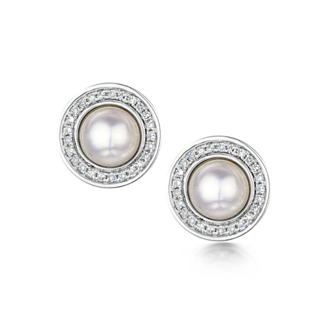 5.5mm Pearl And Diamond Stellato Earrings 0.14ct In 9K White Gold 1 5.5mm Pearl And Diamond Stellato Earrings 0.14ct In 9K White Gold