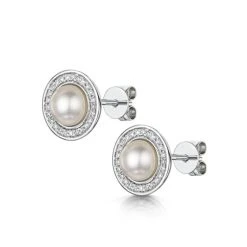 5.5mm Pearl And Diamond Stellato Earrings 0.14ct In 9K White Gold 7 5.5mm Pearl And Diamond Stellato Earrings 0.14ct In 9K White Gold -The Diamond Store F2357s