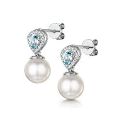 7.5mm Pearl Blue Topaz And Diamond Stellato Earrings In 9K White Gold -The Diamond Store F2376s