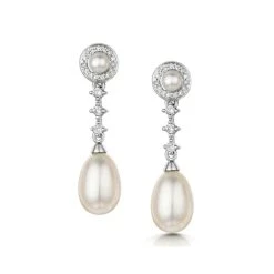 Stellato Collection Pearl And Diamond Earrings In 9K White Gold