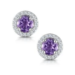0.64ct Amethyst And Diamond Halo Stellato Earrings In 9K White Gold