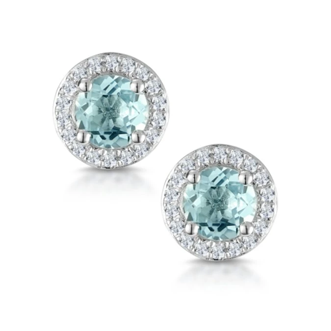 0.69ct Aquamarine And Diamond Halo Stellato Earrings In 9K White Gold 1 0.69ct Aquamarine And Diamond Halo Stellato Earrings In 9K White Gold