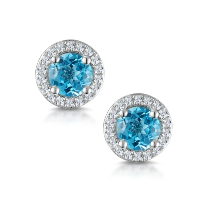 Swiss Blue Topaz And Diamond Halo Stellato Earrings In 9K White Gold 1 Swiss Blue Topaz And Diamond Halo Stellato Earrings In 9K White Gold