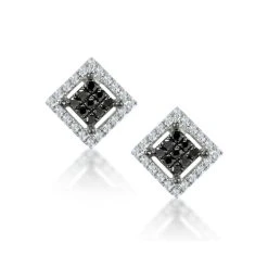 Diamond And Stellato Black Diamond Squares Earrings In 9K White Gold