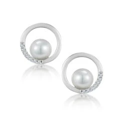 Stellato Circle And Pearl Diamond Earrings In 9K White Gold