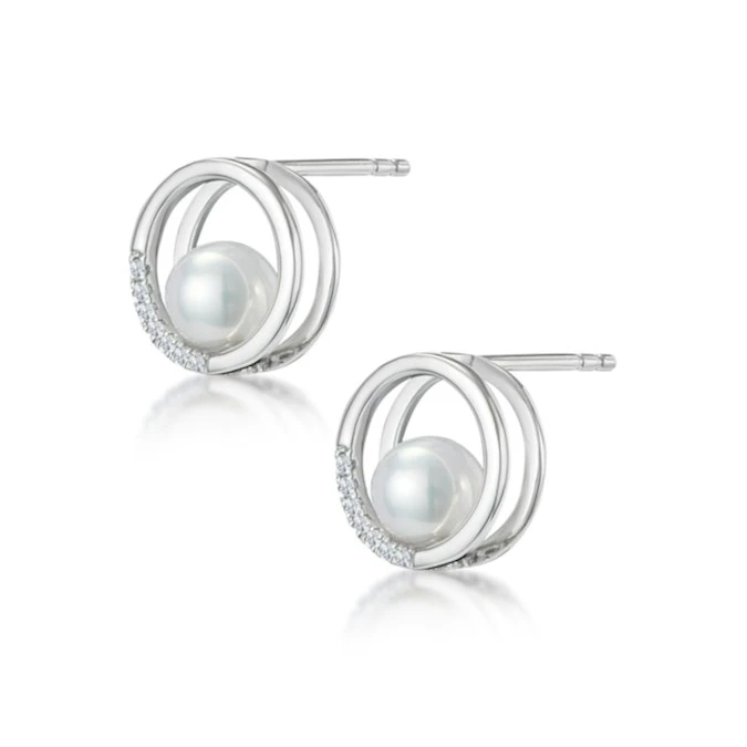 Stellato Circle And Pearl Diamond Earrings In 9K White Gold 2 Stellato Circle And Pearl Diamond Earrings In 9K White Gold - Image 2