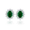 Lab Emerald 7 X 5mm And Lab Diamond Cluster Earrings In 18K White Gold