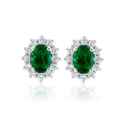 Lab Emerald 7 X 5mm And Lab Diamond Cluster Earrings In 18K White Gold