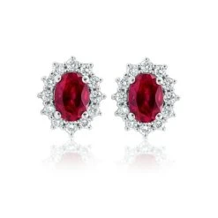Lab Ruby 7 X 5mm And Lab Diamond Cluster Earrings In 18K White Gold