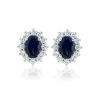 Lab Sapphire 7 X 5mm And Lab Diamond Cluster Earrings In 18K White Gold