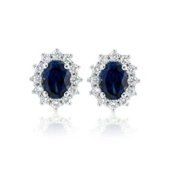 Lab Sapphire 7 X 5mm And Lab Diamond Cluster Earrings In 18K White Gold