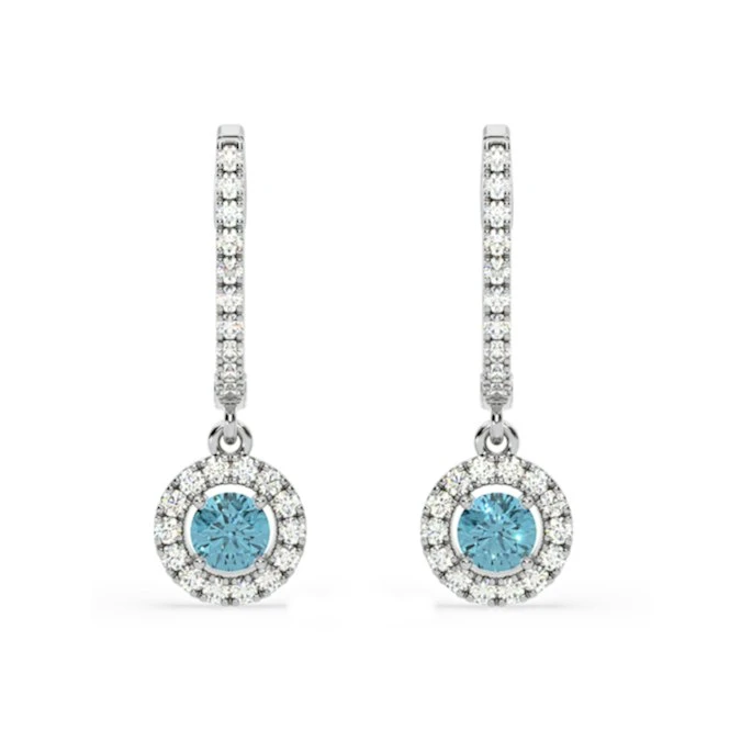 Ella Blue Lab Diamond 1.48ct Halo Drop Earrings In 18K White Gold - Elara Collection 1 Ella Blue Lab Diamond 1.48ct Halo Drop Earrings In 18K White Gold - Elara Collection