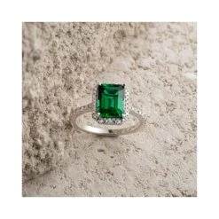 Astra 1.50ct Lab Emerald And Diamond Halo Shoulder Set Octagon Cut Ring In Silver -The Diamond Store NIE7226 GU flh