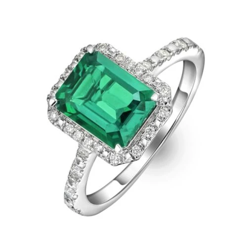 Astra 1.50ct Lab Emerald And Diamond Halo Shoulder Set Octagon Cut Ring In Silver -The Diamond Store NIE7226 GU h