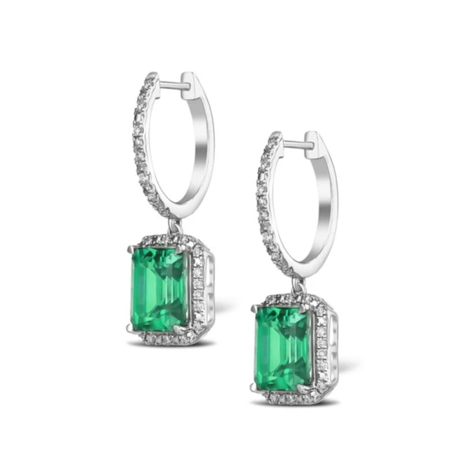 Astra 3.00ct Lab Emerald And Diamond Drop Halo Octagon Cut Earrings In Silver 3 Astra 3.00ct Lab Emerald And Diamond Drop Halo Octagon Cut Earrings In Silver - Image 3