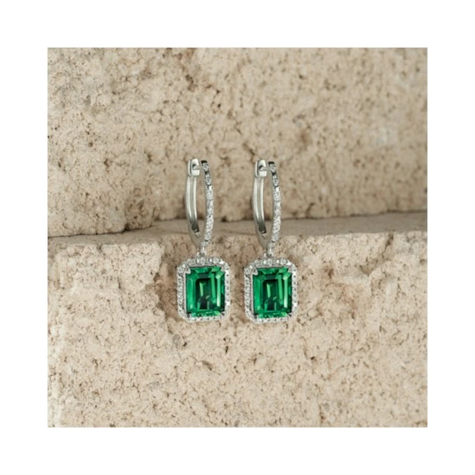 Astra 3.00ct Lab Emerald And Diamond Drop Halo Octagon Cut Earrings In Silver 6 Astra 3.00ct Lab Emerald And Diamond Drop Halo Octagon Cut Earrings In Silver - Image 6
