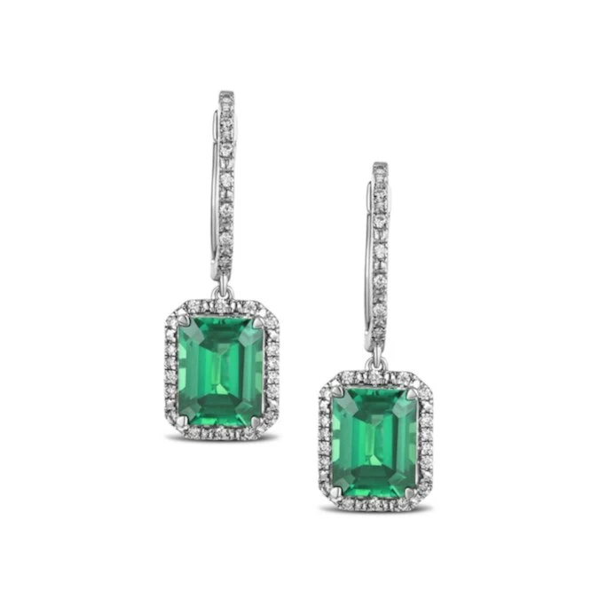 Astra 3.00ct Lab Emerald And Diamond Drop Halo Octagon Cut Earrings In Silver 1 Astra 3.00ct Lab Emerald And Diamond Drop Halo Octagon Cut Earrings In Silver