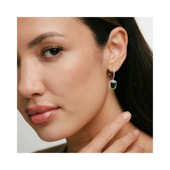 Astra 3.00ct Lab Emerald And Diamond Drop Halo Octagon Cut Earrings In Silver 2 Astra 3.00ct Lab Emerald And Diamond Drop Halo Octagon Cut Earrings In Silver - Image 2