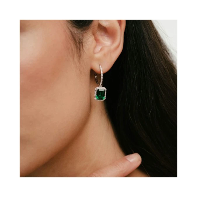Astra 3.00ct Lab Emerald And Diamond Drop Halo Octagon Cut Earrings In Silver 4 Astra 3.00ct Lab Emerald And Diamond Drop Halo Octagon Cut Earrings In Silver - Image 4