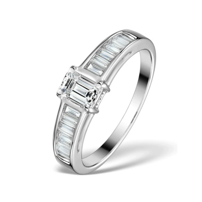 Sidestone Engagement Ring Elina 0.90ct SI Emerald Cut Diamonds 18KW 1 Sidestone Engagement Ring Elina 0.90ct SI Emerald Cut Diamonds 18KW
