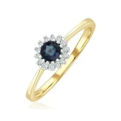 Sapphire 3 X 3mm And Diamond 9K Gold Ring