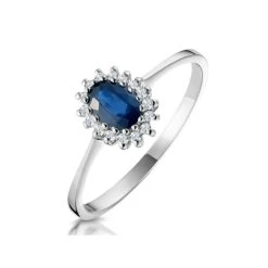 Sapphire 6 X 4mm And Diamond 9K White Gold Ring A3906